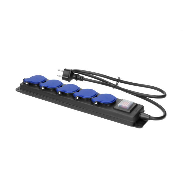 Przedłużacz warsztatowy bryzgoszczelny z wyłącznikiem, 5 gniazd 2P+Z, IP44, przewód gumowy, H05RR-F 3x1,5mm², długość 5m