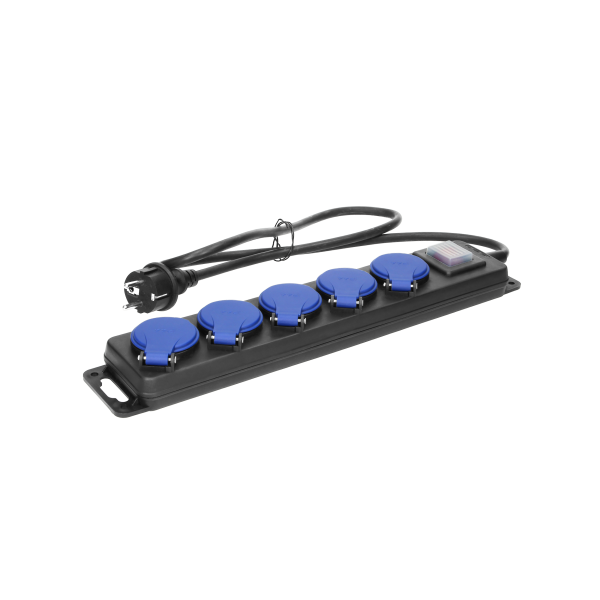 Przedłużacz warsztatowy bryzgoszczelny z wyłącznikiem, 5 gniazd 2P+Z, IP44, przewód gumowy, H05RR-F 3x1,5mm², długość 5m