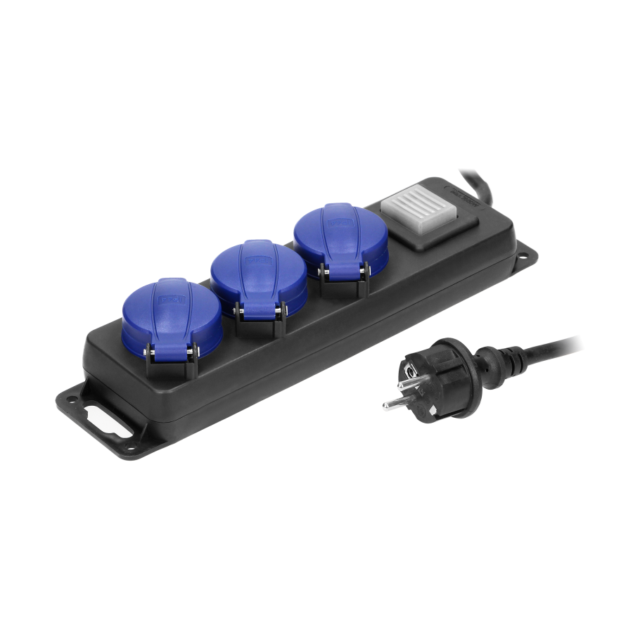 Heavy-duty, splash-proof extension sockets, with central switch and rubber cord, 3 sockets 2P+E (Schuko), IP44, H05RR-F 3x1.5mm² - 3m,