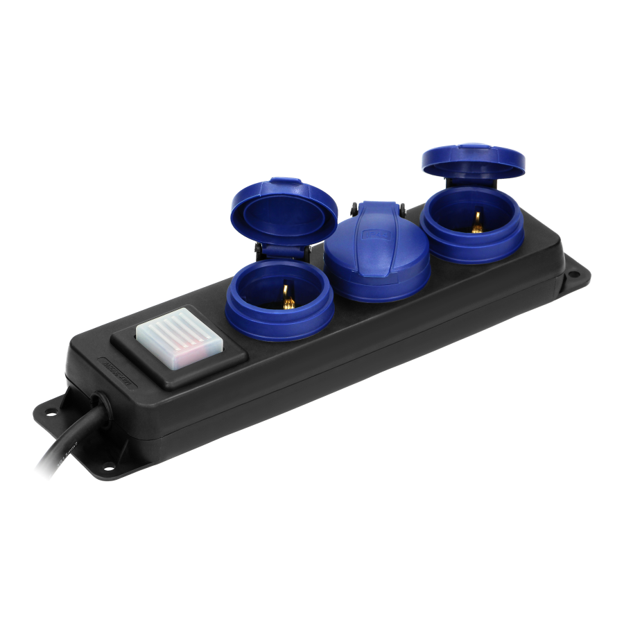 Heavy-duty, splash-proof extension sockets, with central switch and rubber cord, 3 sockets 2P+E (Schuko), IP44, H05RR-F 3x1.5mm² - 3m,