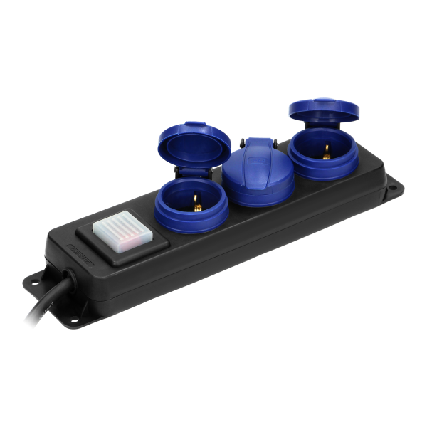 Heavy-duty, splash-proof extension sockets, with central switch and rubber cord, 3 sockets 2P+E (Schuko), IP44, H05RR-F 3x1.5mm² - 3m,