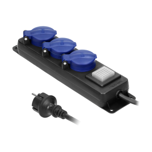 Heavy-duty, splash-proof extension sockets, with central switch and rubber cord, 3 sockets 2P+E (Schuko), IP44, H05RR-F 3x1.5mm² - 5m,