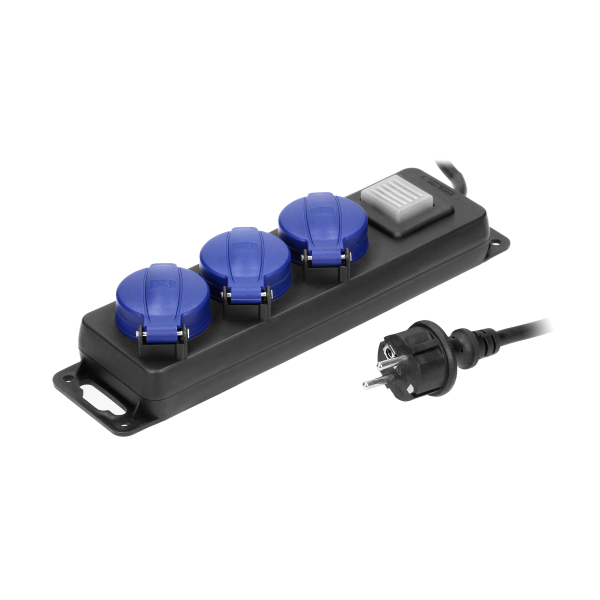 Heavy-duty, splash-proof extension sockets, with central switch and rubber cord, 3 sockets 2P+E (Schuko), IP44, H05RR-F 3x1.5mm² - 5m,