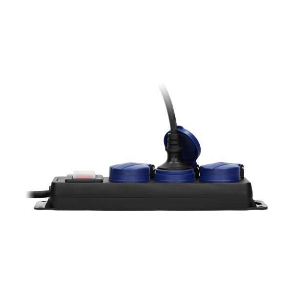 Heavy-duty, splash-proof extension sockets, with central switch and rubber cord, 3 sockets 2P+E (Schuko), IP44, H05RR-F 3x1.5mm² - 5m,