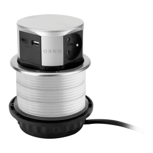Vertical desk socket with USB charger Ø10cm, 1.5m cable, 3x2P+E (French), 2xUSB (type A+C; max. 3A), silver