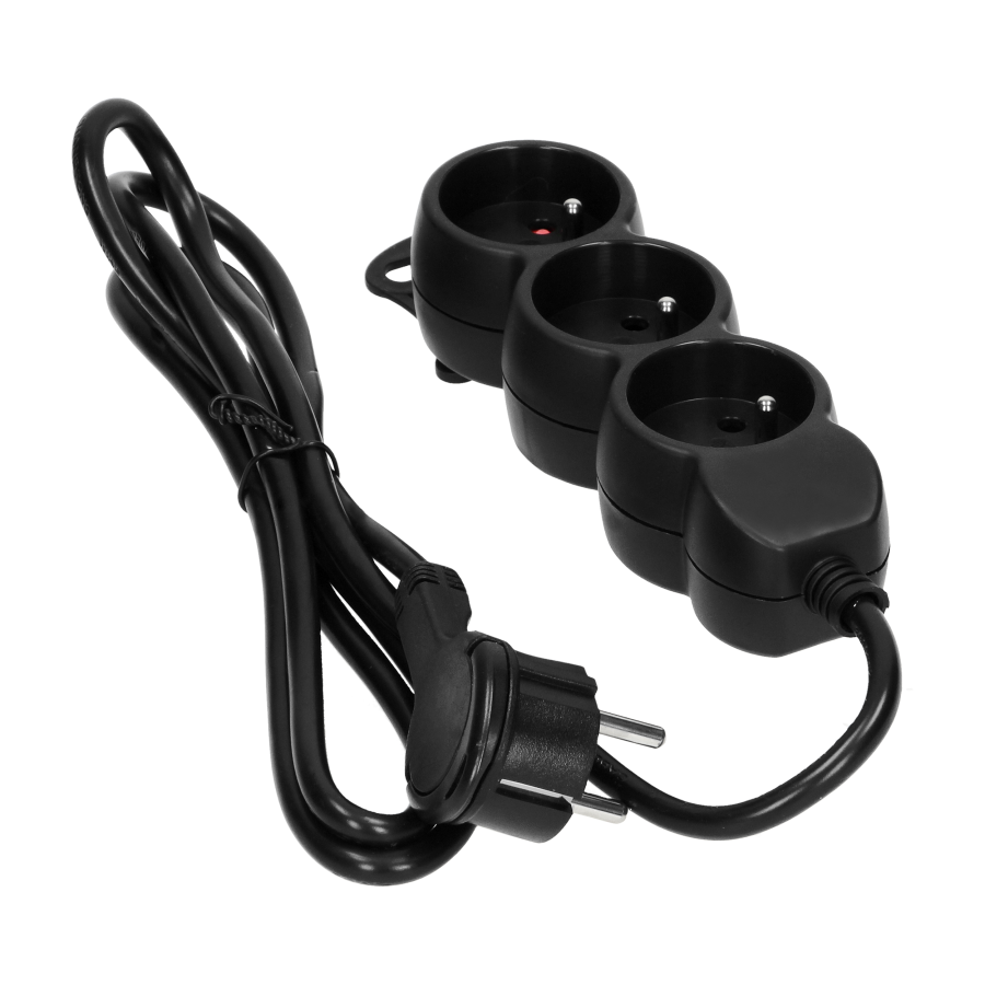 Extension cord with 3 sockets 2P+E, a flat plug and PVC cable H05VV-F 3x1.0mm², Imax=10A, 1.5 long, black