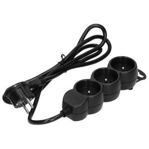 Extension cord with 3 sockets 2P+E, a flat plug and PVC cable H05VV-F 3x1.0mm², Imax=10A, 3m long, black