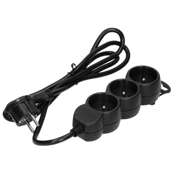 Extension cord with 3 sockets 2P+E, a flat plug and PVC cable H05VV-F 3x1.0mm², Imax=10A, 3m long, black