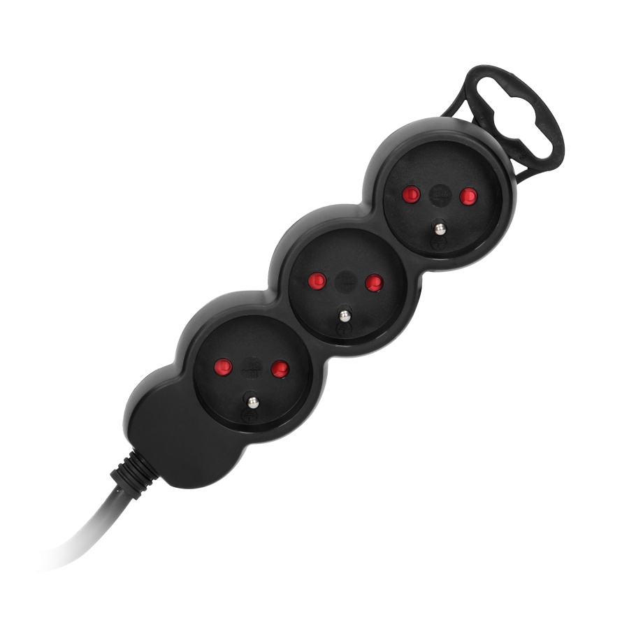 Extension cord with 3 sockets 2P+E, a flat plug and PVC cable H05VV-F 3x1.0mm², Imax=10A, 3m long, black