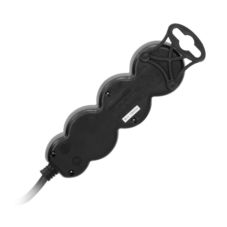 Extension cord with 3 sockets 2P+E, a flat plug and PVC cable H05VV-F 3x1.0mm², Imax=10A, 3m long, black