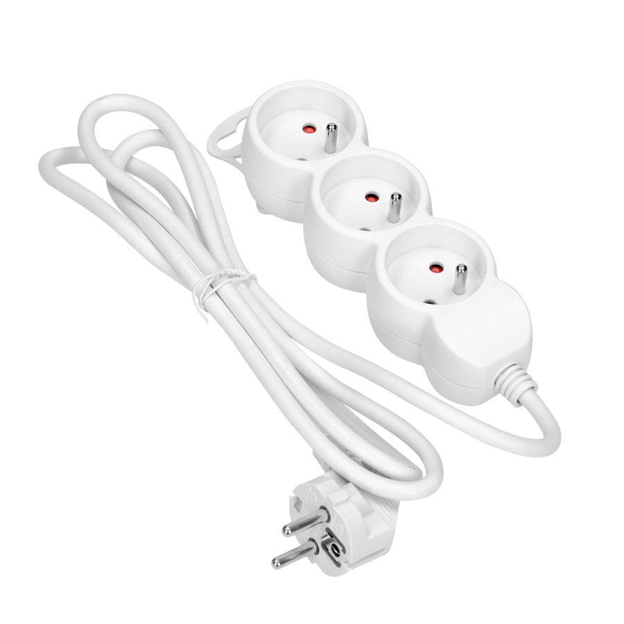 Przedłużacz 3-krotny 2P+Z, 3m H05VV-F 3x1,0mm², Imax=10A, biały