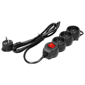 Extension cord with 3 sockets 2P+E and a central switch. It has got a flat plug and PVC cable H05VV-F 3x1.0mm², Imax=10A, 1.5m long, black
