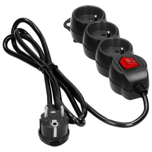 Extension cord with 3 sockets 2P+E and a central switch. It has got a flat plug and PVC cable H05VV-F 3x1.0mm², Imax=10A, 1.5m long, black