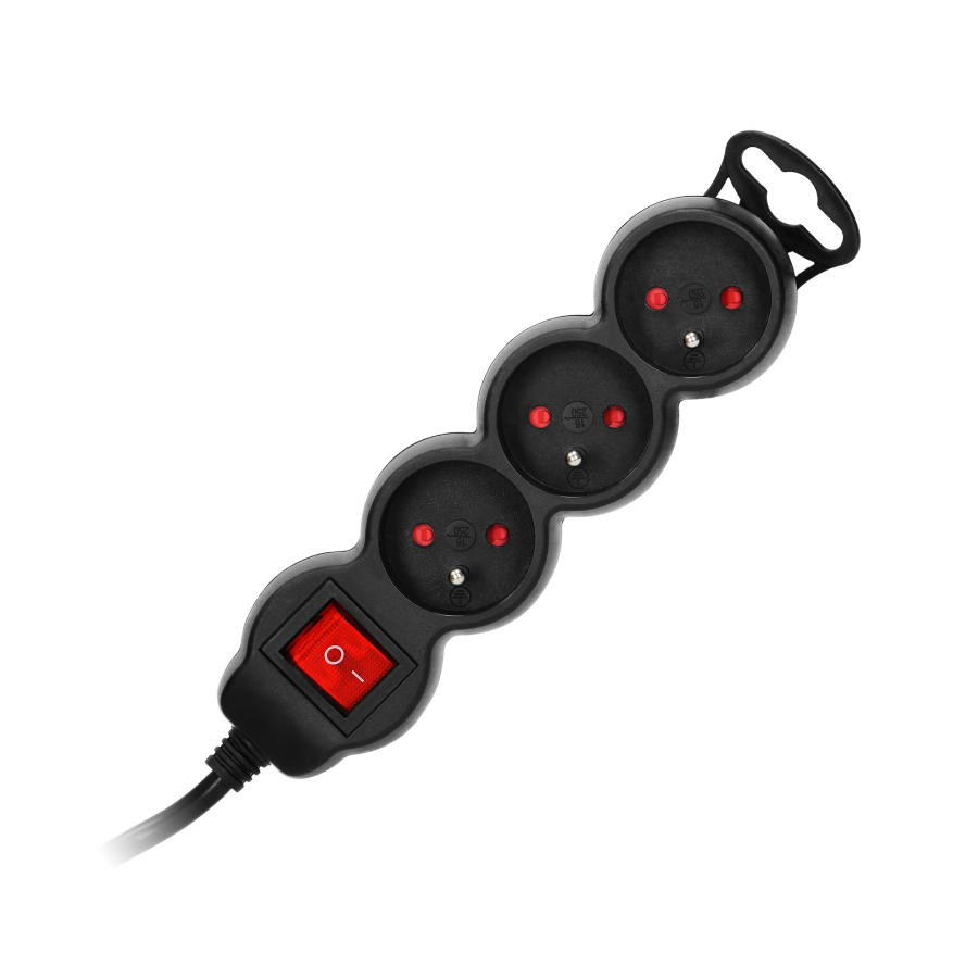 Extension cord with 3 sockets 2P+E and a central switch. It has got a flat plug and PVC cable H05VV-F 3x1.0mm², Imax=10A, 1.5m long, black