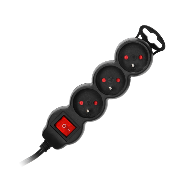 Extension cord with 3 sockets 2P+E and a central switch. It has got a flat plug and PVC cable H05VV-F 3x1.0mm², Imax=10A, 1.5m long, black