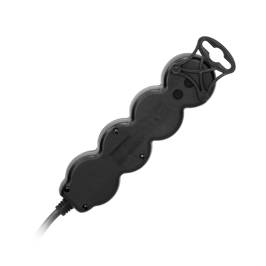 Extension cord with 3 sockets 2P+E and a central switch. It has got a flat plug and PVC cable H05VV-F 3x1.0mm², Imax=10A, 1.5m long, black