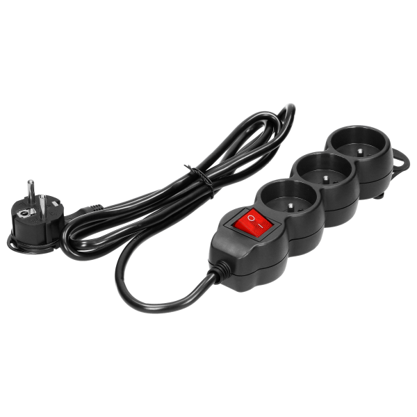 Extension cord with 3 sockets 2P+E and a central switch. It has got a flat plug and PVC cable H05VV-F 3x1.0mm², Imax=10A, 3m long, black