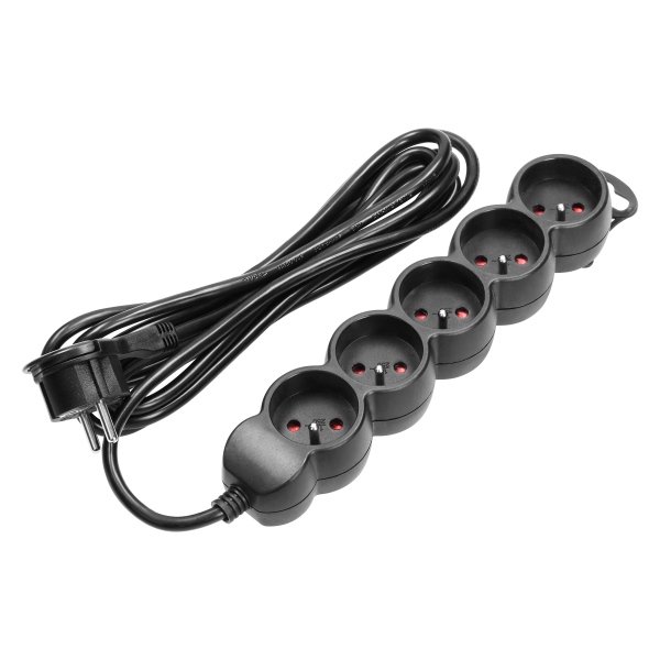 Extension cord with 5 sockets 2P+E, a flat plug and PVC cable H05VV-F 3x1.0mm², Imax=10A, 3m long, black