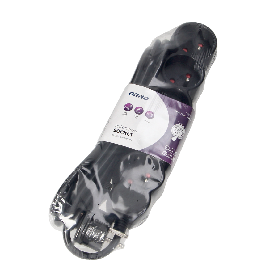 Extension cord with 5 sockets 2P+E, a flat plug and PVC cable H05VV-F 3x1.0mm², Imax=10A, 3m long, black