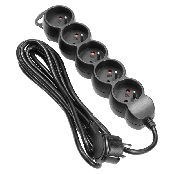 Extension cord with 5 sockets 2P+E, a flat plug and PVC cable H05VV-F 3x1.0mm², Imax=10A, 3m long, black