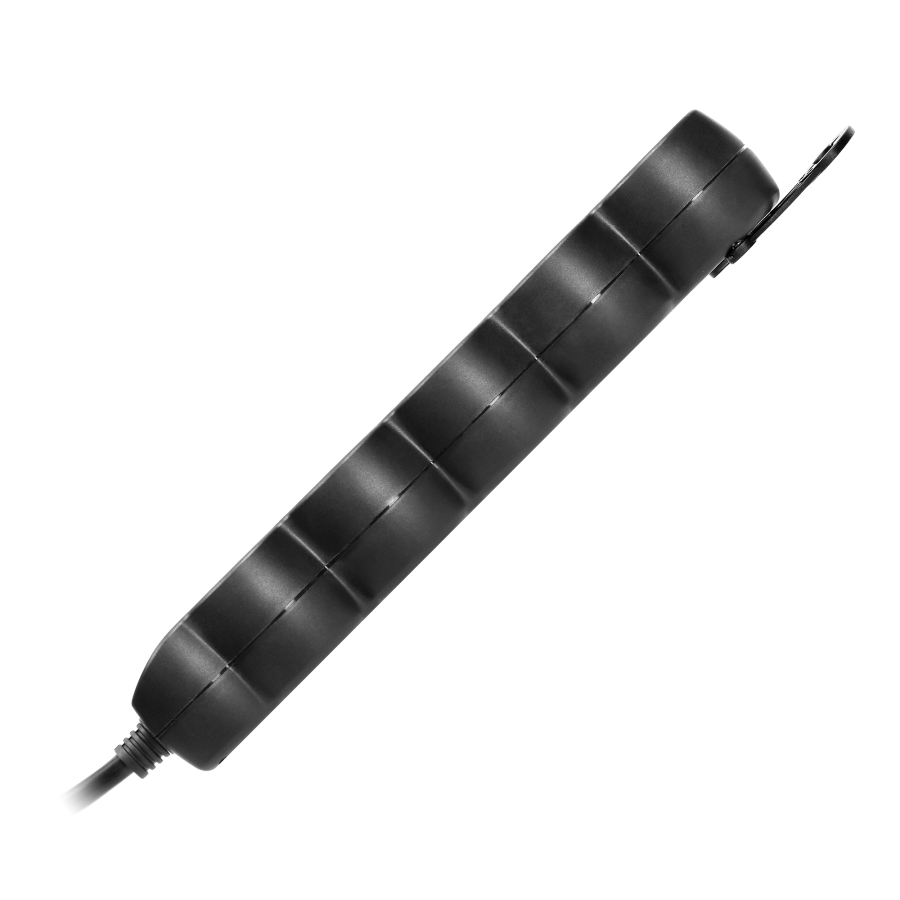 Extension cord with 5 sockets 2P+E, a flat plug and PVC cable H05VV-F 3x1.0mm², Imax=10A, 3m long, black