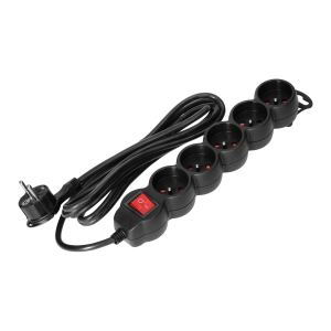 Extension cord with 5 sockets 2P+E and a central switch. It has got a flat plug and PVC cable H05VV-F 3x1.0mm², Imax=10A, 3m long, black