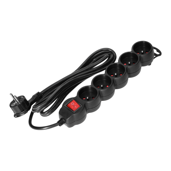 Extension cord with 5 sockets 2P+E and a central switch. It has got a flat plug and PVC cable H05VV-F 3x1.0mm², Imax=10A, 3m long, black