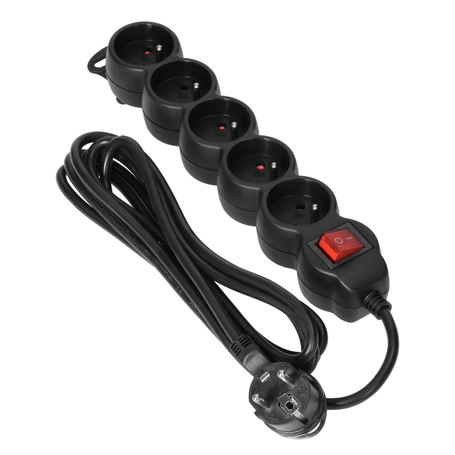 Extension cord with 5 sockets 2P+E and a central switch. It has got a flat plug and PVC cable H05VV-F 3x1.0mm², Imax=10A, 3m long, black