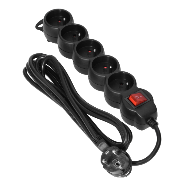 Extension cord with 5 sockets 2P+E and a central switch. It has got a flat plug and PVC cable H05VV-F 3x1.0mm², Imax=10A, 3m long, black