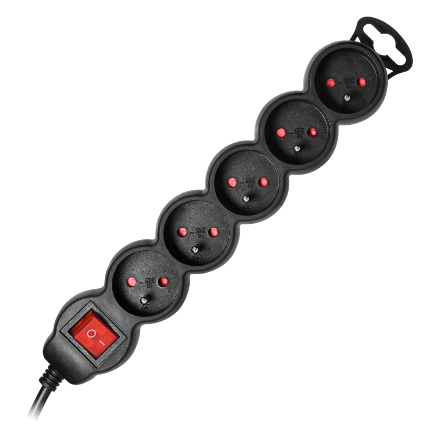 Extension cord with 5 sockets 2P+E and a central switch. It has got a flat plug and PVC cable H05VV-F 3x1.0mm², Imax=10A, 3m long, black