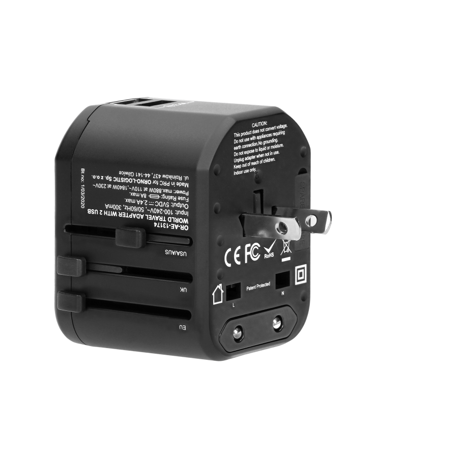 GOworld USB uniwersalny adapter podróżny do ponad 200 krajów świata, 100-240V, 8A, 2 x USB, 5V 2,4A inteligentna identyfikacja