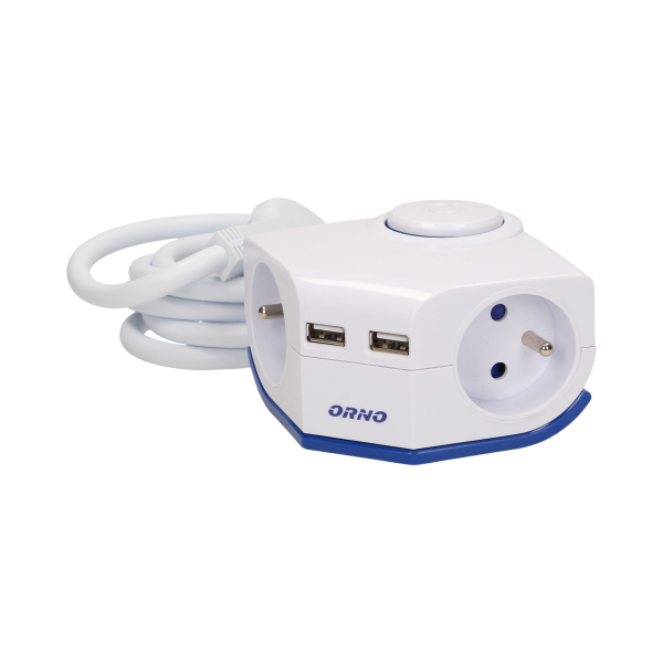 Przedłużacz rogowy z płaską wtyczka i ładowarką, 2x2P+Z, 2xUSB, przewód 1,5m 3x1mm