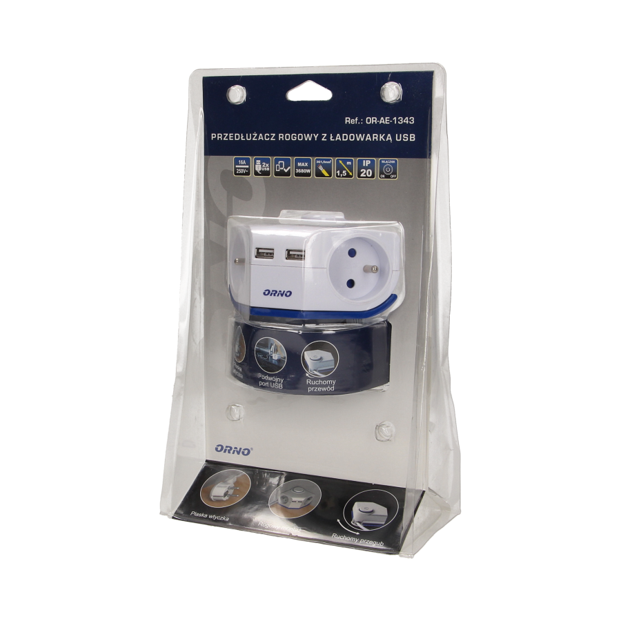 Przedłużacz rogowy z płaską wtyczka i ładowarką, 2x2P+Z, 2xUSB, przewód 1,5m 3x1mm