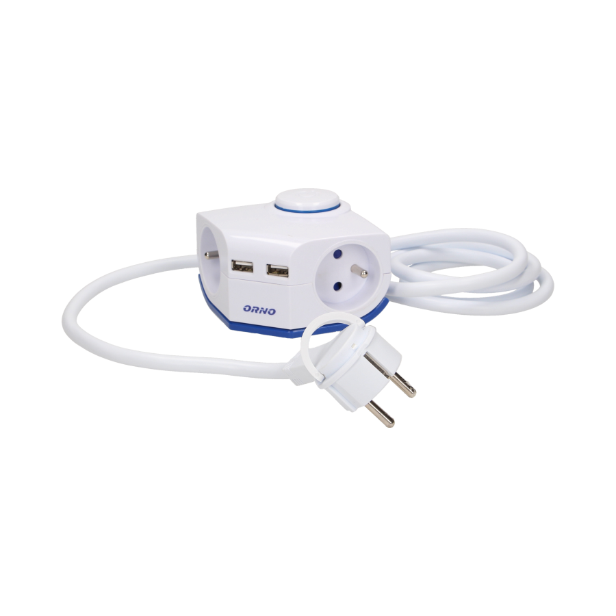 Przedłużacz rogowy z płaską wtyczka i ładowarką, 2x2P+Z, 2xUSB, przewód 1,5m 3x1mm