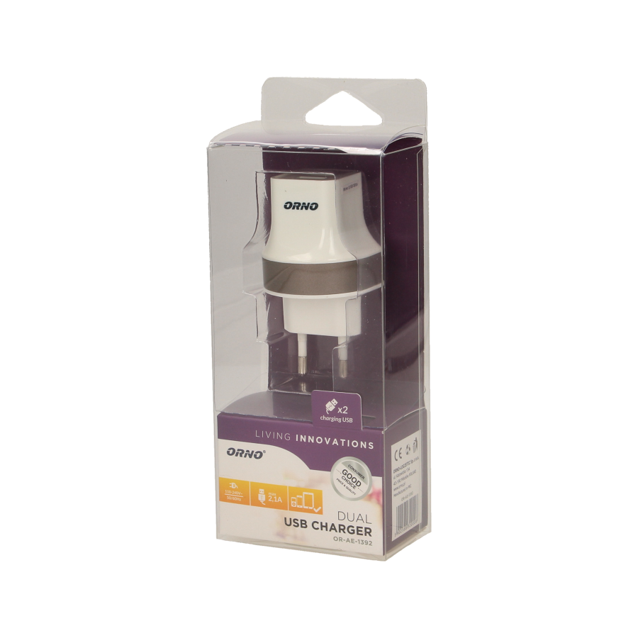 Ładowarka sieciowa 2xUSB, 5VDC/2,1A