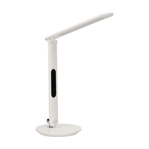 CRYSTAL LED 6,5W, Lampka biurkowa z budzikiem, czujnikiem ruchu i ładowarką USB, 500lm, 4000K, biała
