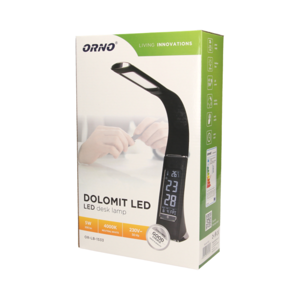 DOLOMIT LED 5W, lampka biurkowa z budzikiem, 300lm, 4000K, czarna