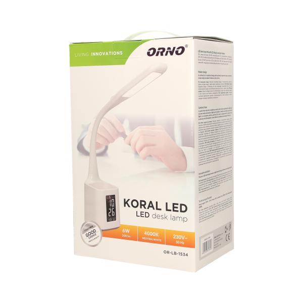 KORAL LED 6W, lampka biurkowa z pojemnikiem na długopisy i budzikiem, 200lm, 4000K, biała