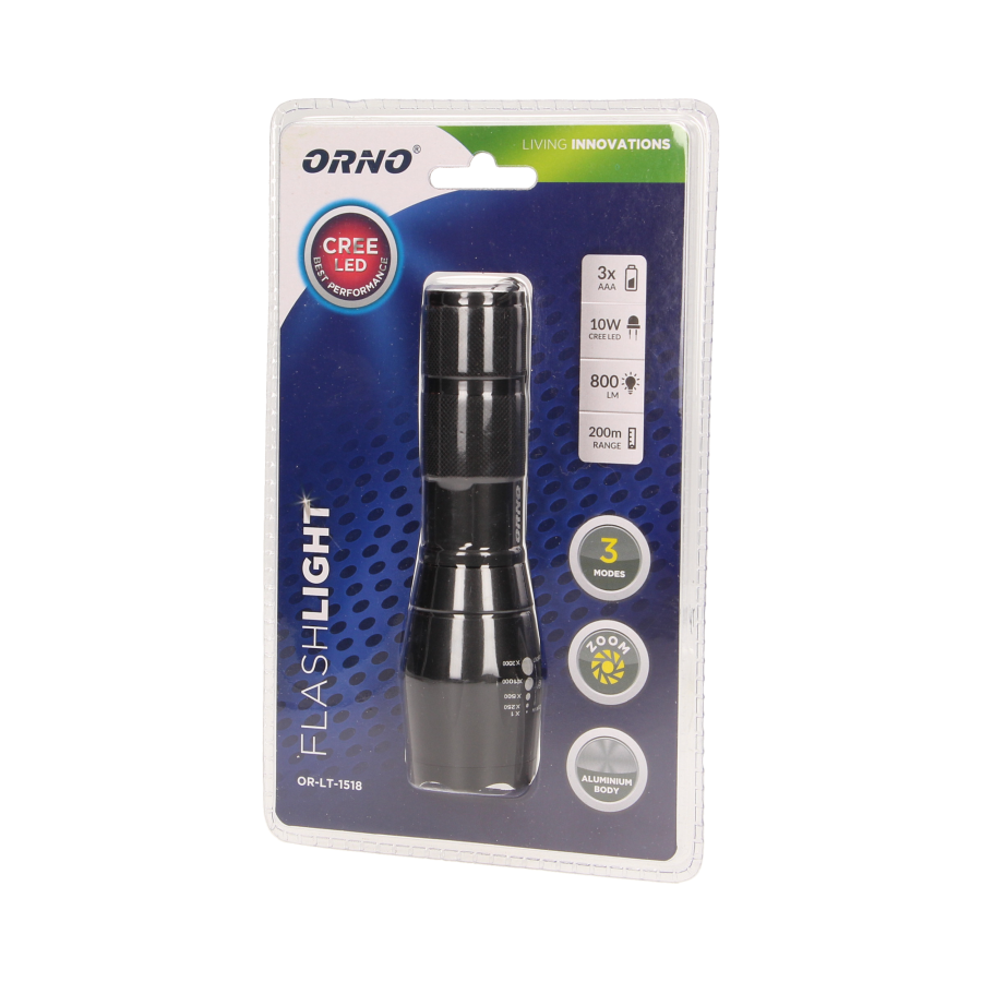 Latarka LED CREE 10W z zoomem, 800lm, 3 x AAA, aluminiowa konstrukcja