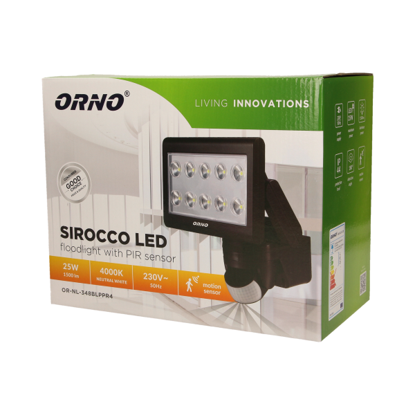 SIROCCO LED 25W, naświetlacz z czujnikiem ruchu, 1500lm, IP44, 4000K czarny