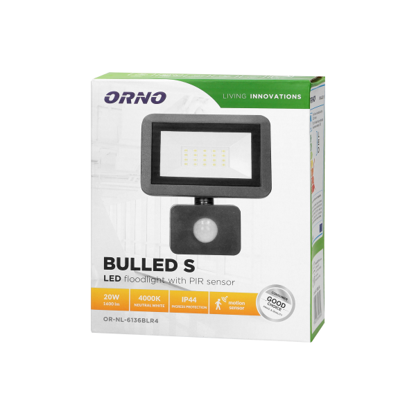 BULLED S 20W naświetlacz z PIR, 1600lm, IP44, 4000K, Alu+szkło