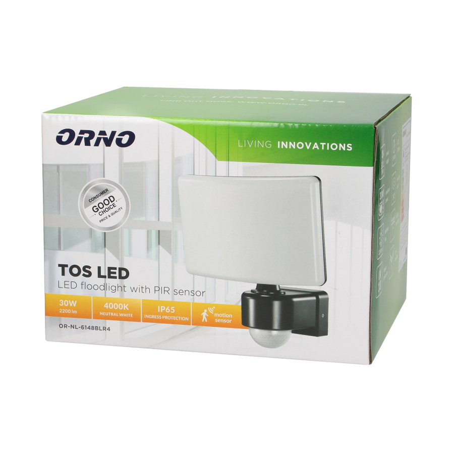 TOS LED 30W naświetlacz ogrodowy z PIR, 2200lm, IP65, 4000K, PC, czarny