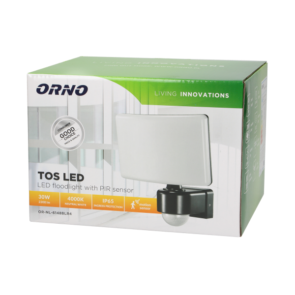 TOS LED 30W naświetlacz ogrodowy z PIR, 2200lm, IP65, 4000K, PC, czarny