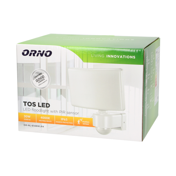 TOS LED garden floodlight with PIR motion sensor 240°, 30W, white
