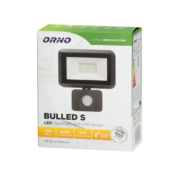 BULLED S 10W naświetlacz z PIR, 800lm, IP44, 4000K, Alu+szkło
