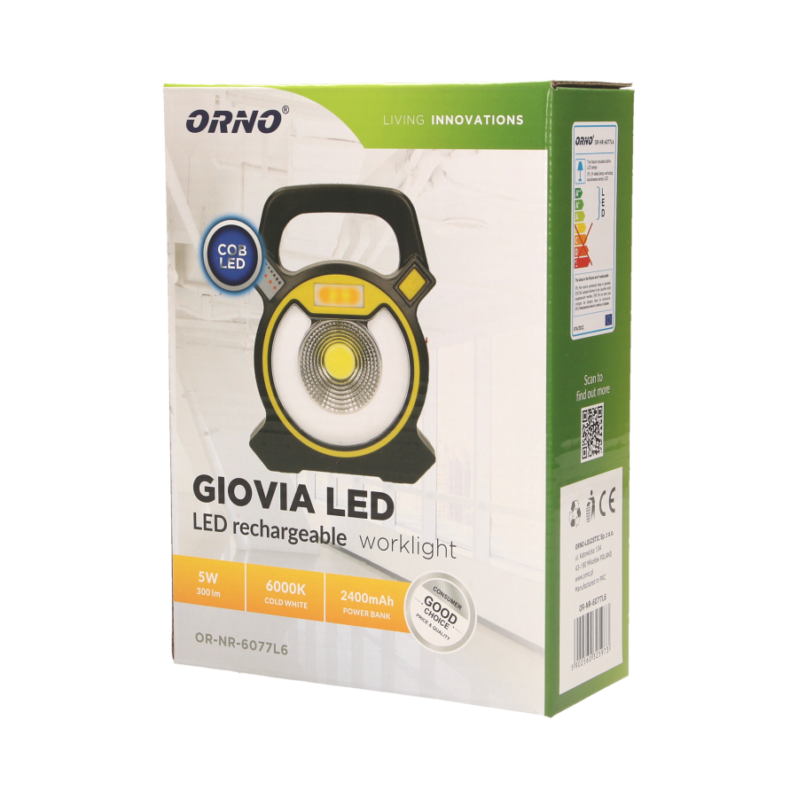 GIOVIA LED 5W naświetlacz roboczy z akumulatorem, 300lm, IP44, 6000K, 2x1200mAh, z ładowarką USB i funkcją power bank