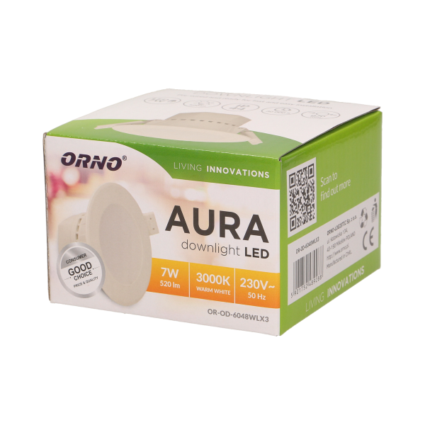 AURA LED 7W, oprawa downlight, podtynkowa, 520lm, 3000K, biała, wbudowany zasilacz LED