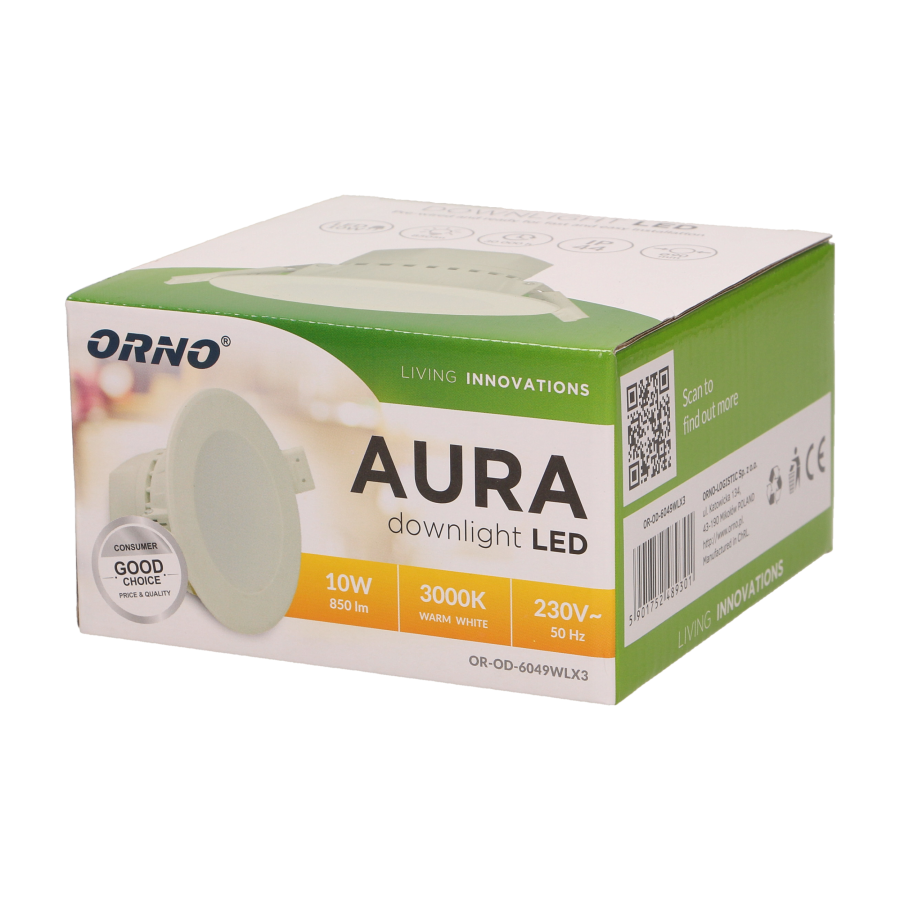 AURA LED 10W, oprawa downlight, podtynkowa, 850lm, 3000K, biała, wbudowany zasilacz LED