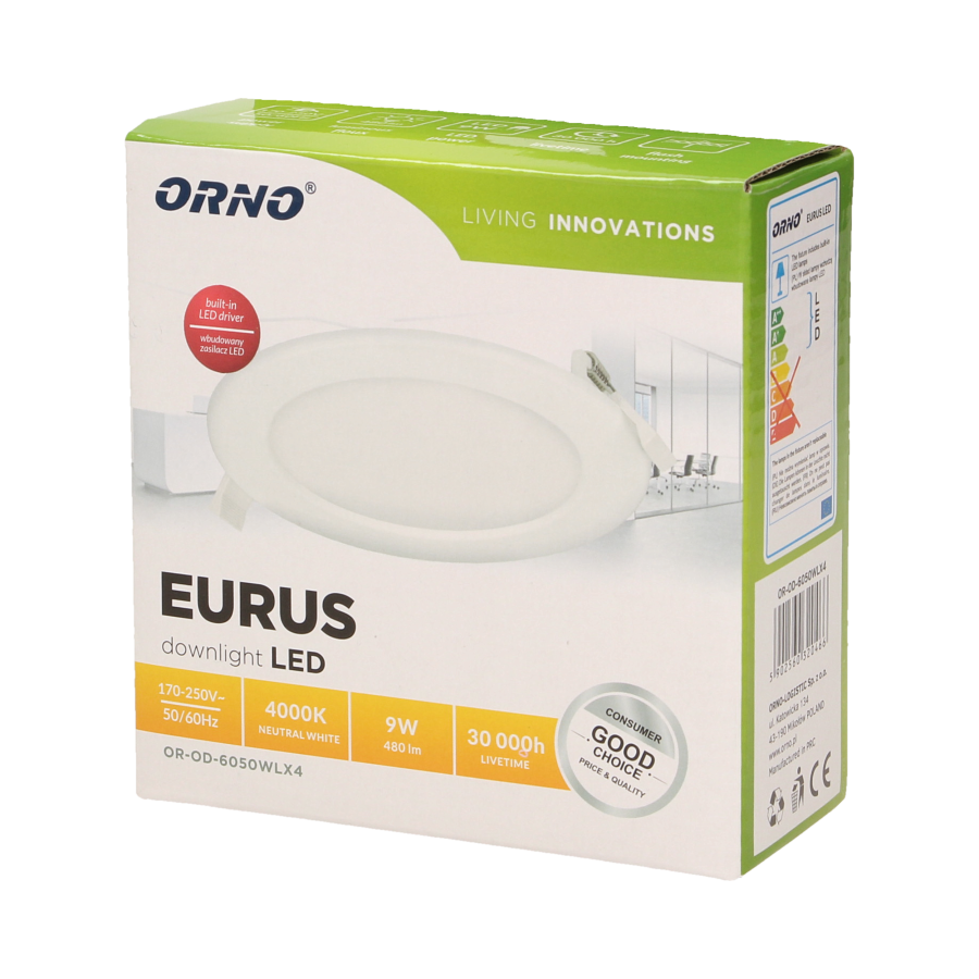 EURUS LED 9W, oprawa downlight, podtynkowa, okrągła, 480lm, 4000K, biała, wbudowany zasilacz LED