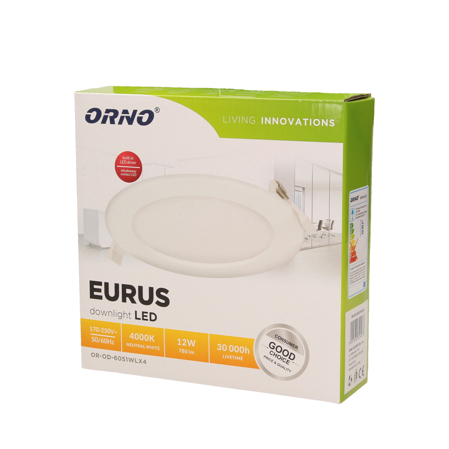 EURUS LED 12W, oprawa downlight, podtynkowa, okrągła, 780lm, 4000K, biała, wbudowany zasilacz LED
